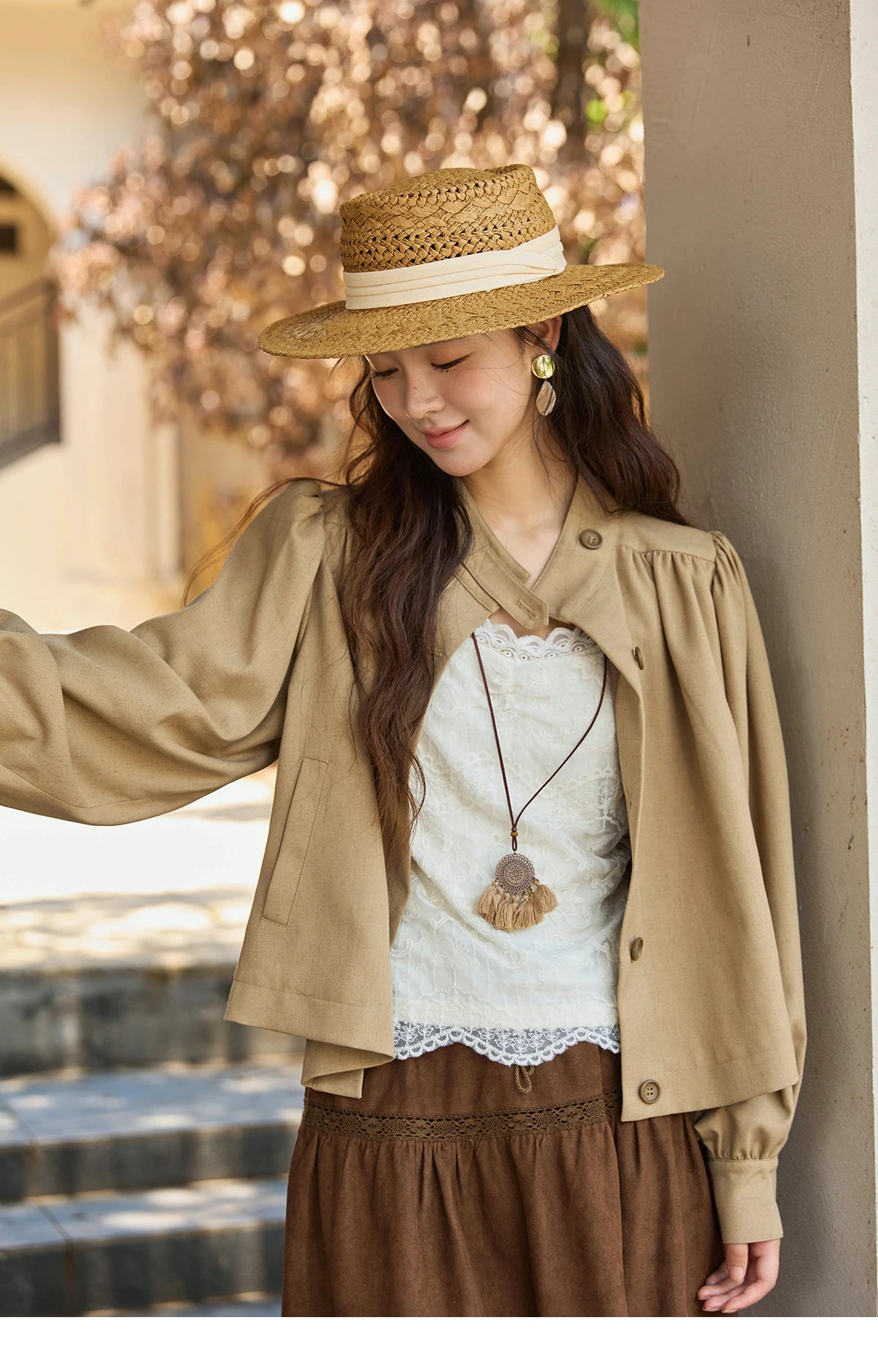 Mishow British Light Brown Stand Collar Trench MXE43W0802