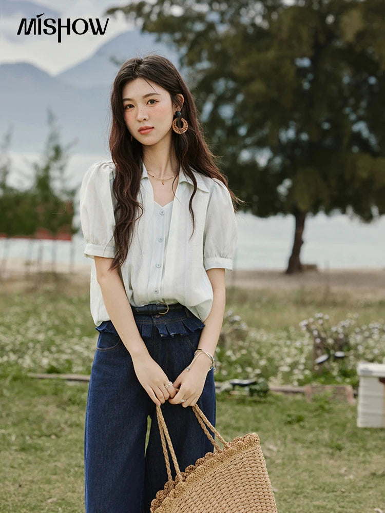 MISHOW Solid Short Sleeve Blouse Turn-Down Collar Slimming MXE33C0782