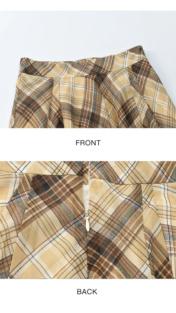 MISHOW Coffee Plaid Skirt Asymmetrical Hem Side Zipper A-Line MXE42B2377
