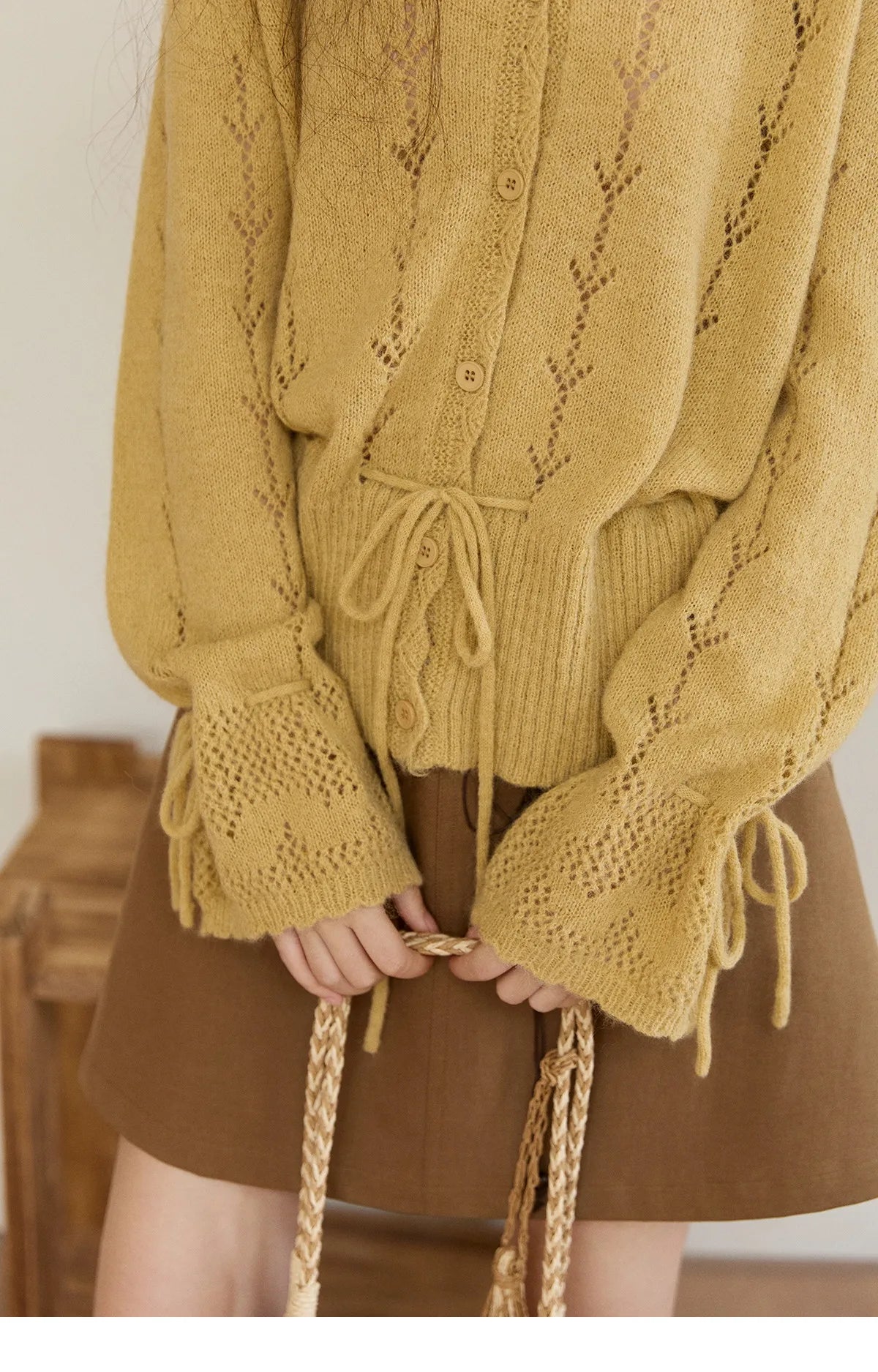 Mishow Yellow Hollow V-Neck Drawstring Cardigan MXF108Z1022