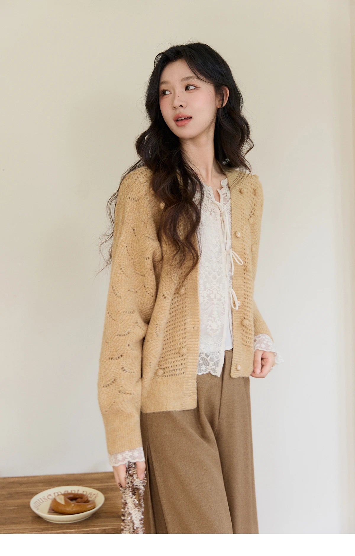 Mishow Hollow-out V-Neck Bobble Knit Cardigan MXF108Z1020