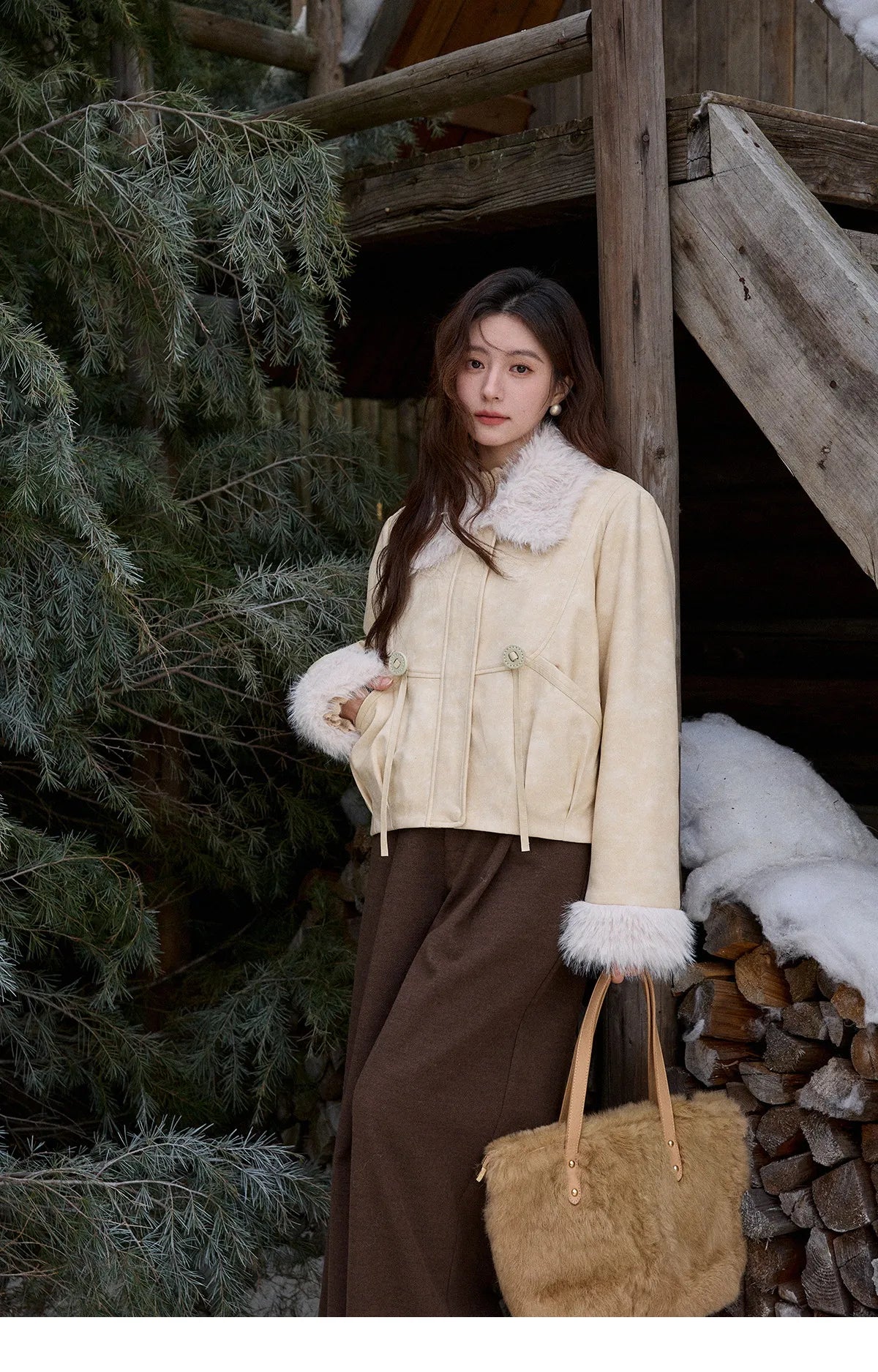 Mishow Apricot Suede Plush Collar Jacket MXE91W0987
