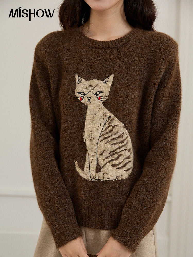 Mishow Brown Cat Pattern Jacquard Pullover MXE94Z2991