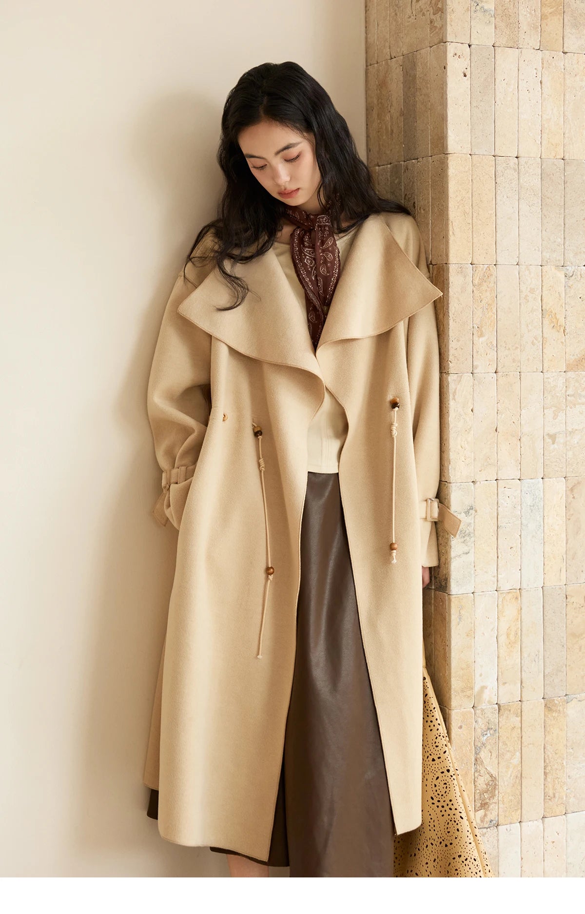 Mishow Drawstring Waist Large Lapel Mid-Length Woolen Coat MXE45W0841