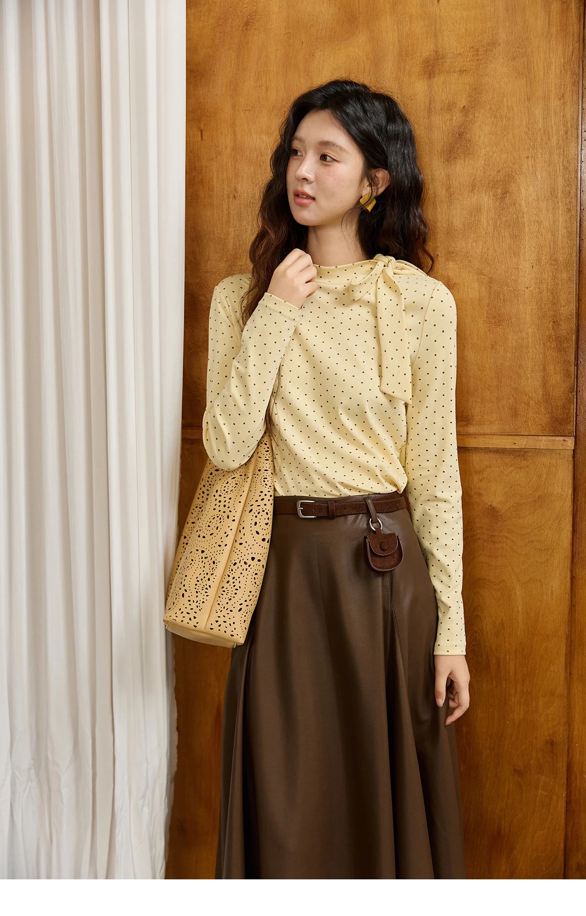 Mishow Yellow Polka Dot Lace Up Collar Pullover MXE45Z1379