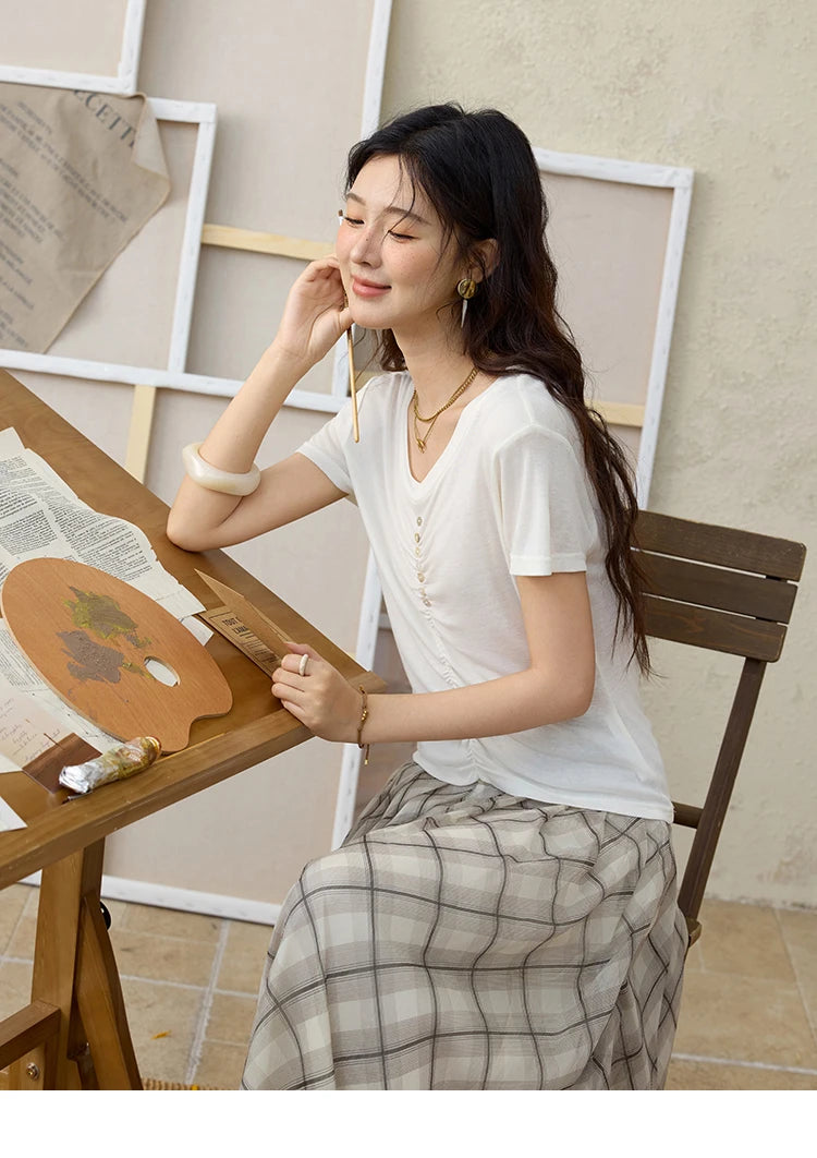 Mishow V-Neck Front Elastic Shell Button Tee MXE34T0560