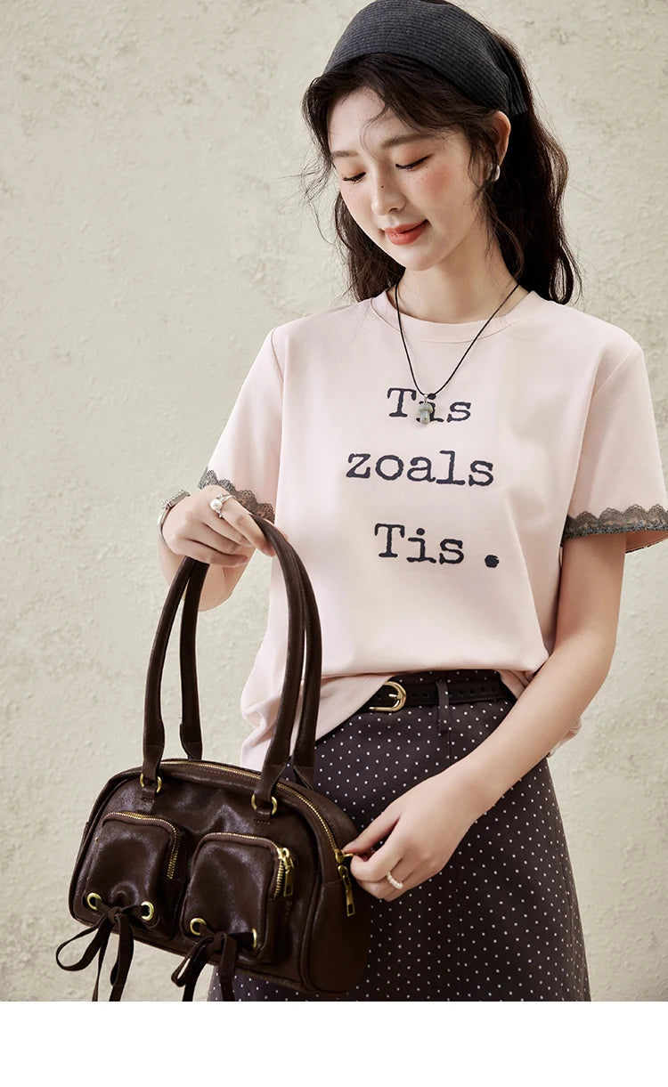 Mishow Pink Letter Print Lace Trim Tee MXE32T0529