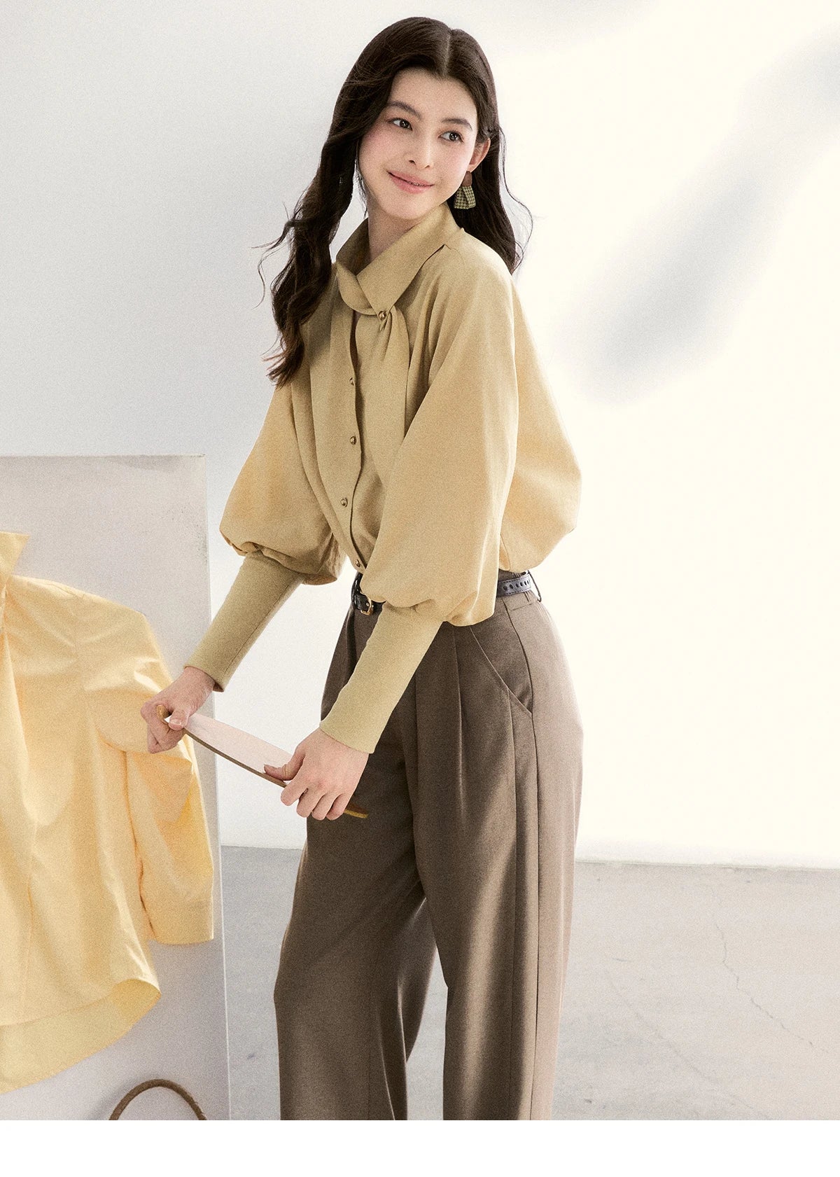 MISHOW Women's Tie Neck Shirt Hollow Out Knitted Patchwork Puff Sleeve MXF108C0812