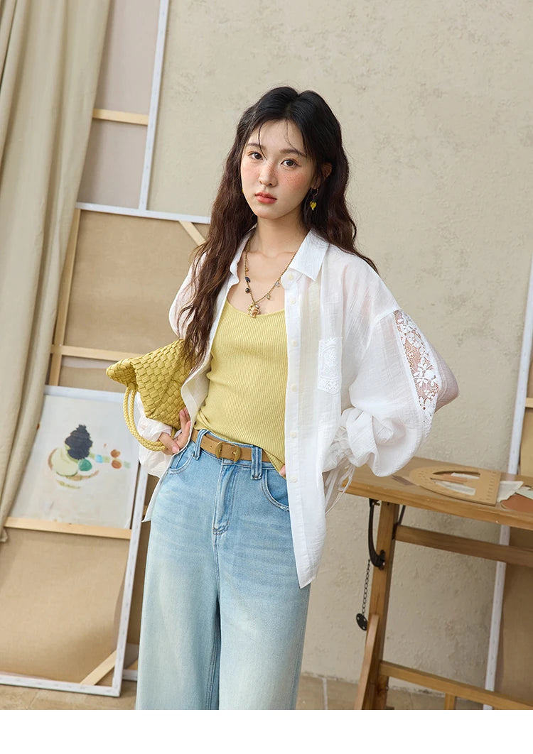 MISHOW Women's Patchwork Lace Shirt Lapel Drop Sleeve Drawstring Cuffs MXE31C0789