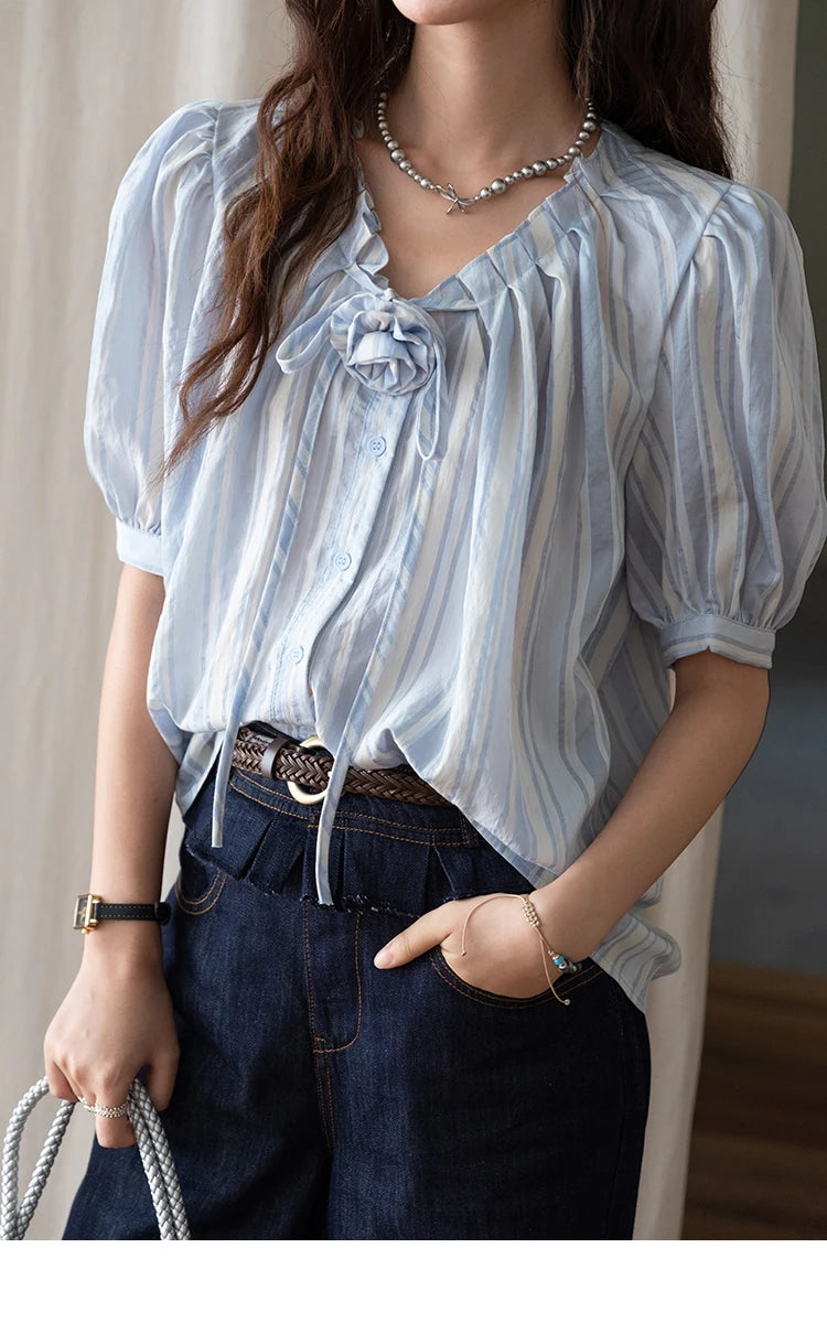 MISHOW Striped Puff Sleeve V-Neck Button Shirt MXE36X1870