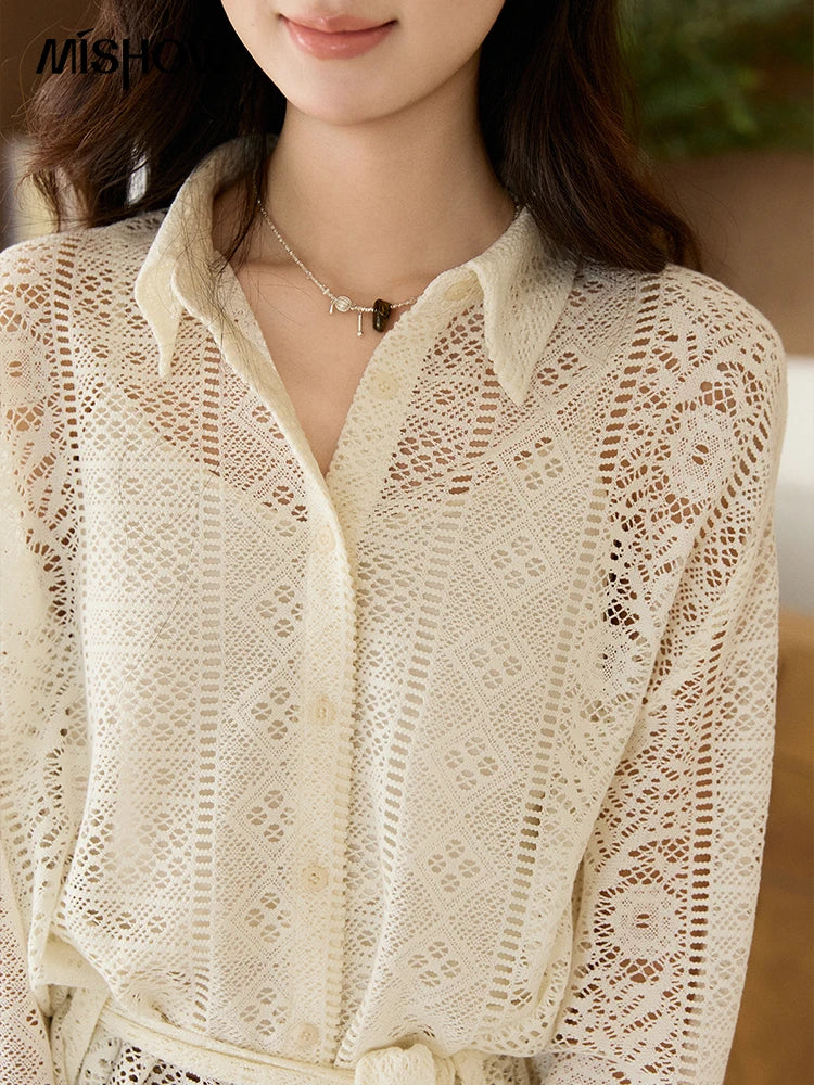 MISHOW Hollow Lace Shirt Camisole Set Drawstring Waist MXF108C0816