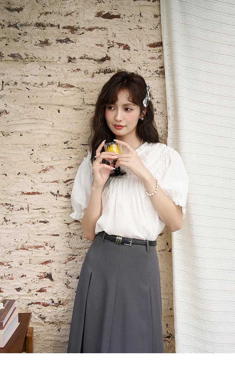 MISHOW French Cotton Bubble Sleeve Blouse Lace Collar MXD23X1500