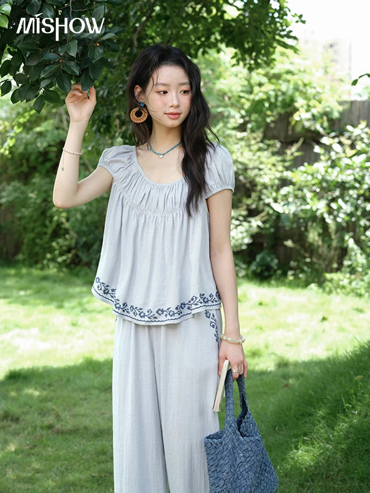 Mishow Embroidery Flower Round Neck Blouse & Pocket Wide Leg Pants Set MXE39T0669