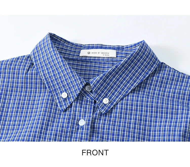 MISHOW Retro Blue Checkered Shirt Lapel Cotton Loose MXE11C0398