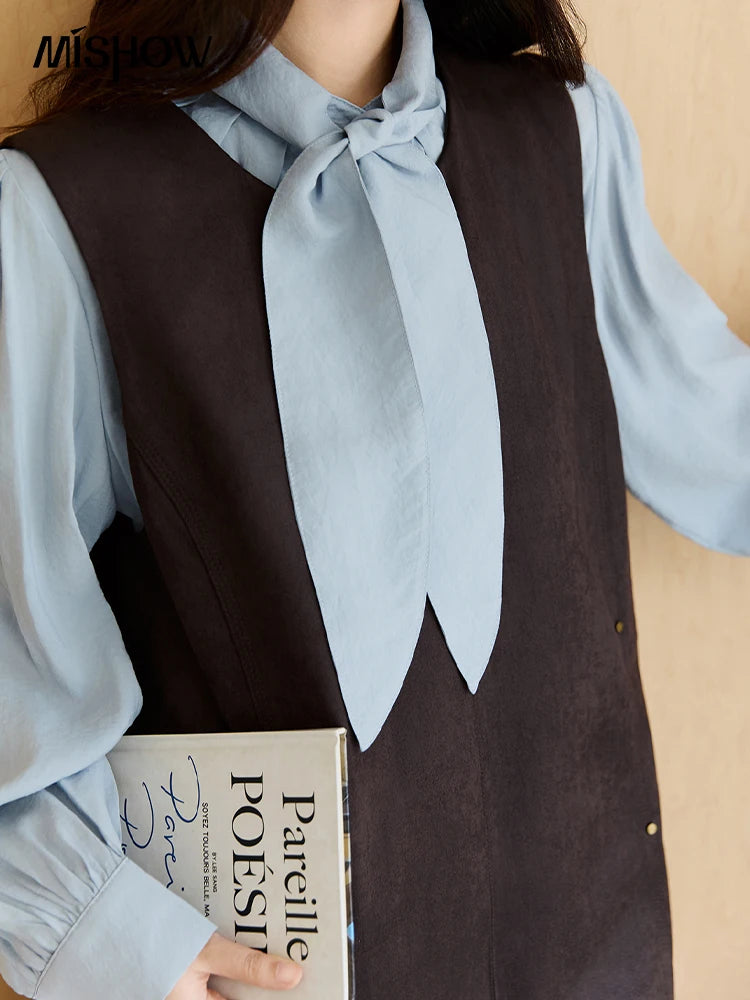 Mishow Light Blue Shirt & Brown Vest Skirt Suit MXE47T1408
