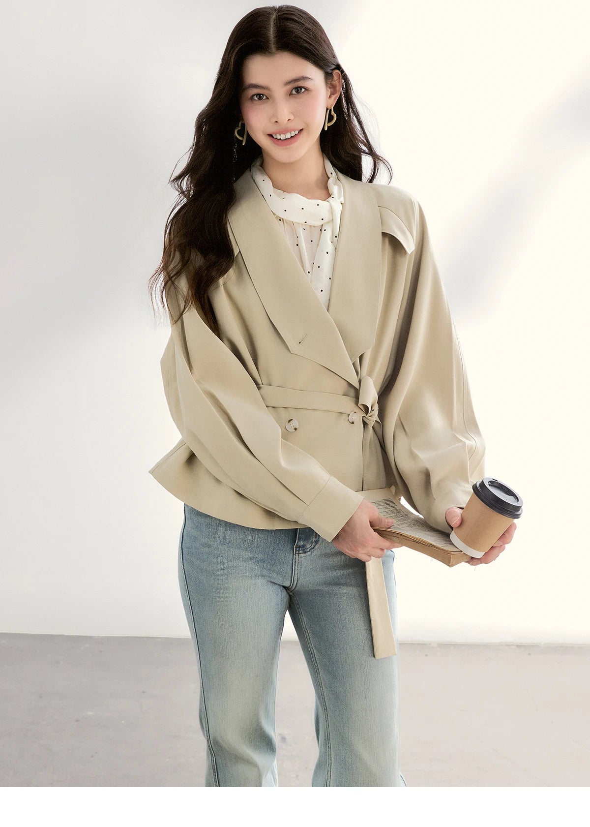 MISHOW Khaki Belted Waist Coat Lapel Double-Breasted Short MXF13W1056