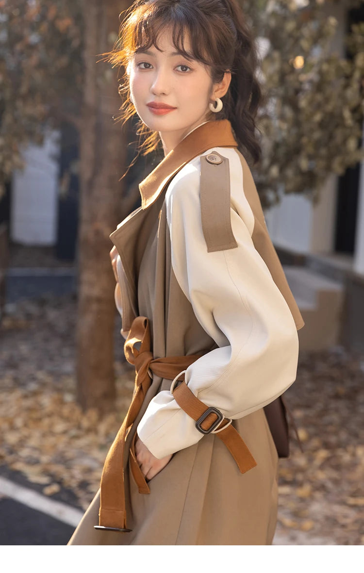 Mishow Khaki Contrast Color Spliced Trench Coat MXB31W0367