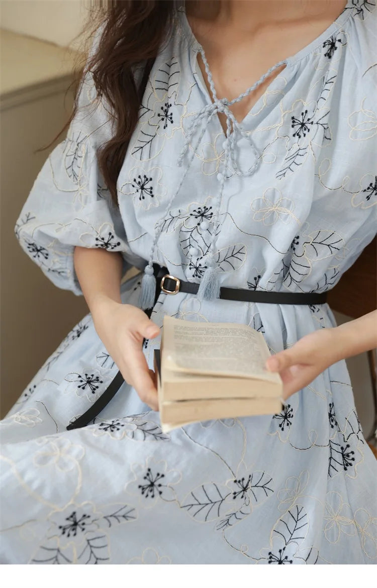 MISHOW Blue Flower Embroidered Lantern Sleeve Dress MXE42L2493