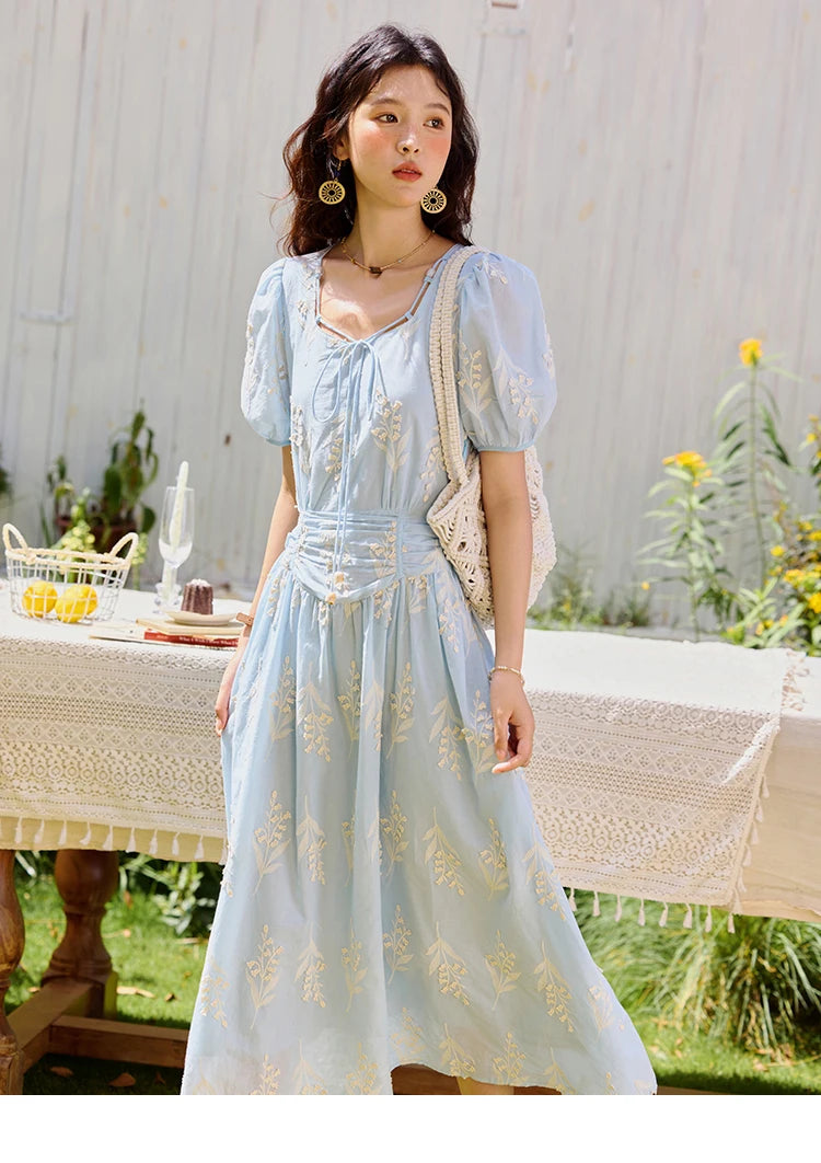 Mishow Blue Square Neck Bubble Sleeve Cotton Dress MXE35L2234