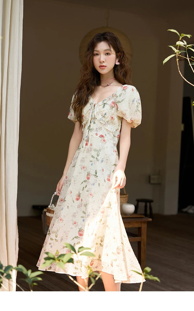 Mishow French A-Line Ruffled V-Neck Puff Sleeve Dress MXC33L1465