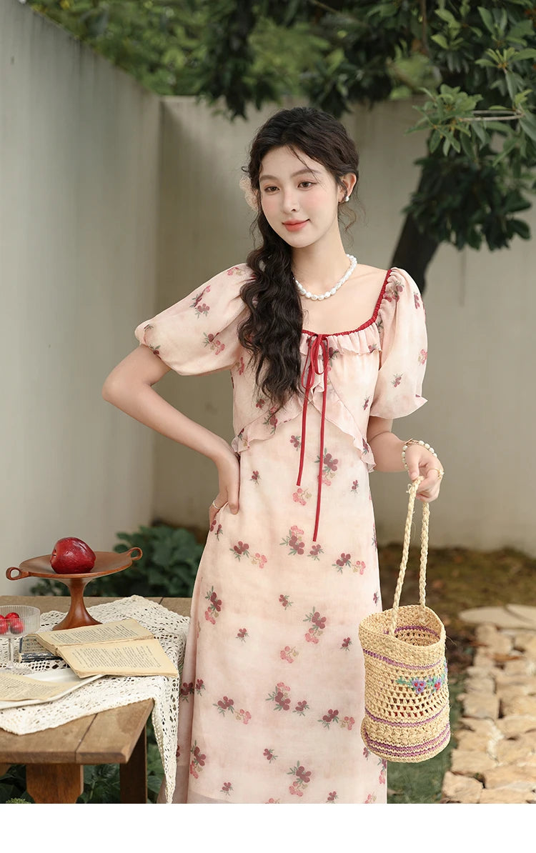 MISHOW Korean Floral Bubble Sleeve Lace-Up Dress MXD31L1924