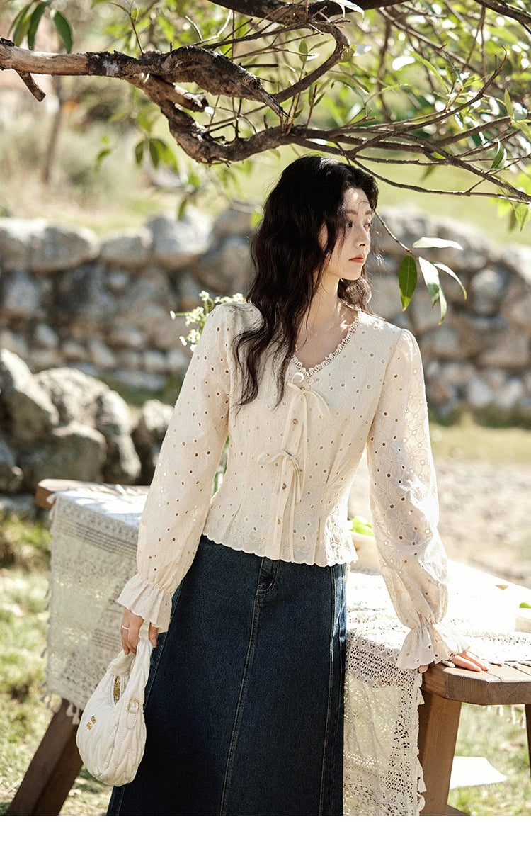 MISHOW Women's 100% Cotton Lace Shirt V-Neck Waist Elastic Cuffs MXE12X1710