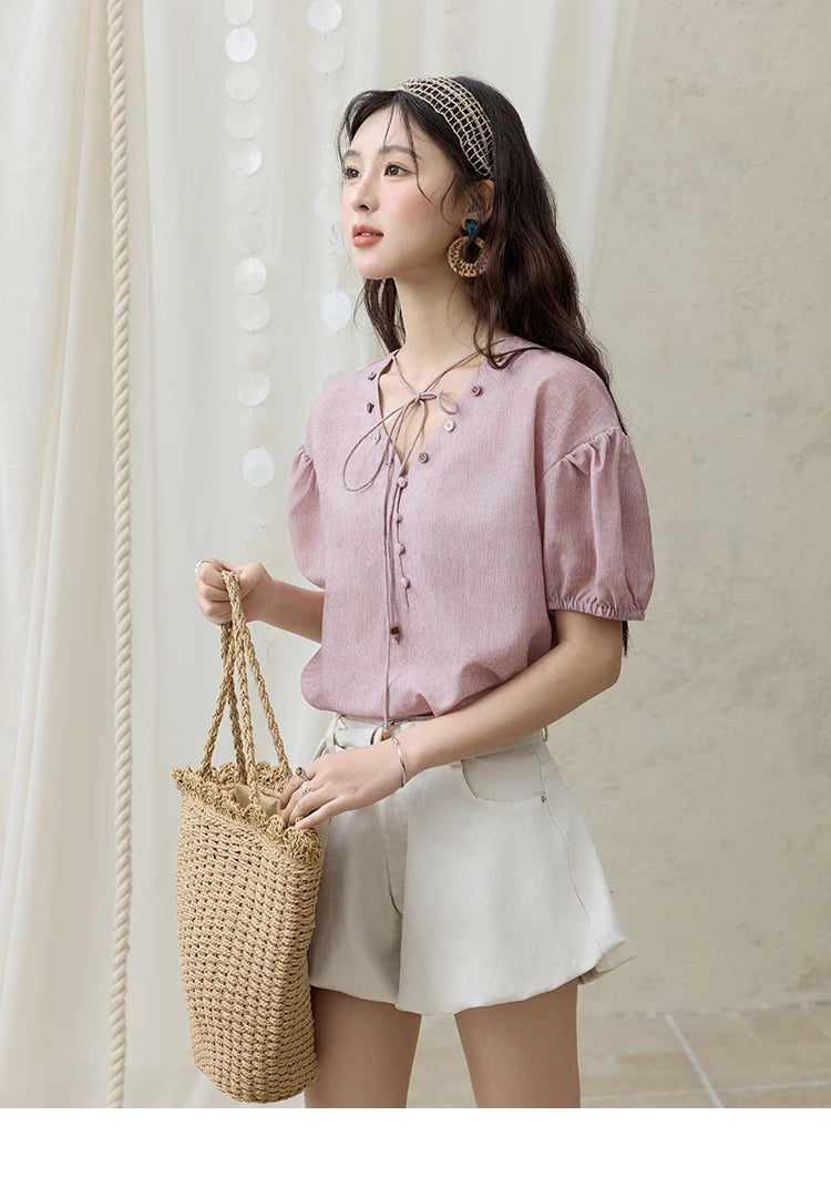 MISHOW Solid V-Neck Blouse Short Puff Sleeve Lace-Up MXE33X1743