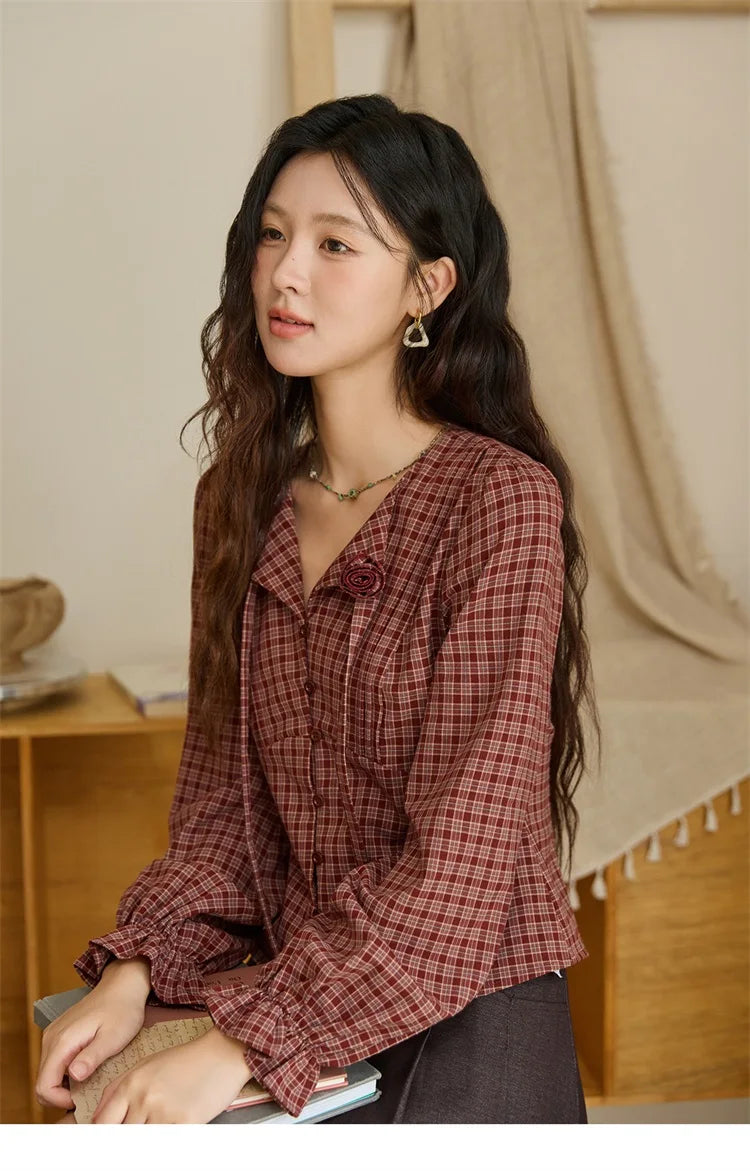 MISHOW Red Tied Plaid Shirt 3D Floral Detail MXE45X2481