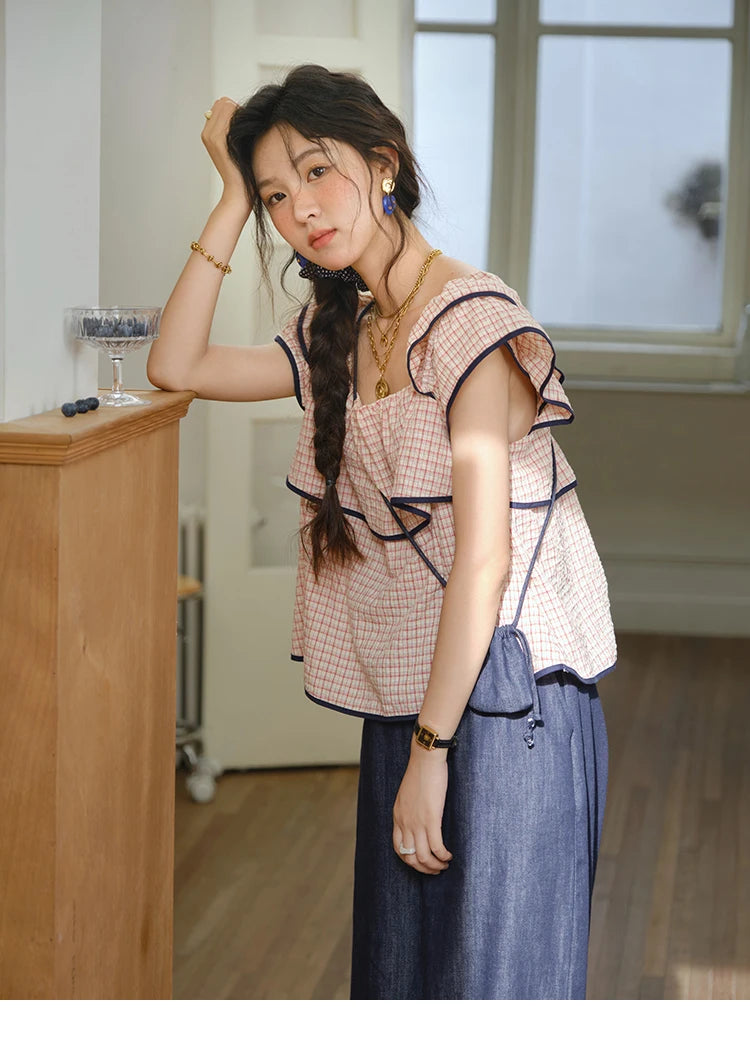 Mishow Square Neck Ruffles Plaid Blouse & High Waist Wide Leg Pants Set MXE36T0636