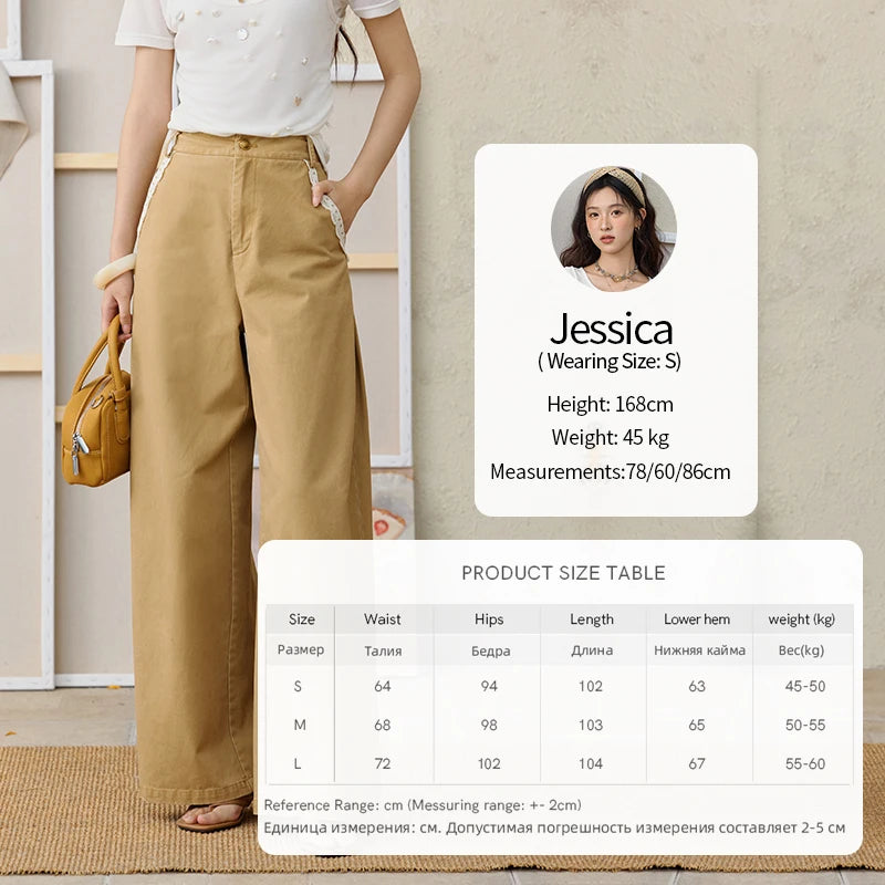 MISHOW Cotton Khaki Lace Patchwork Wide Leg Pants High Waist MXE34K0925