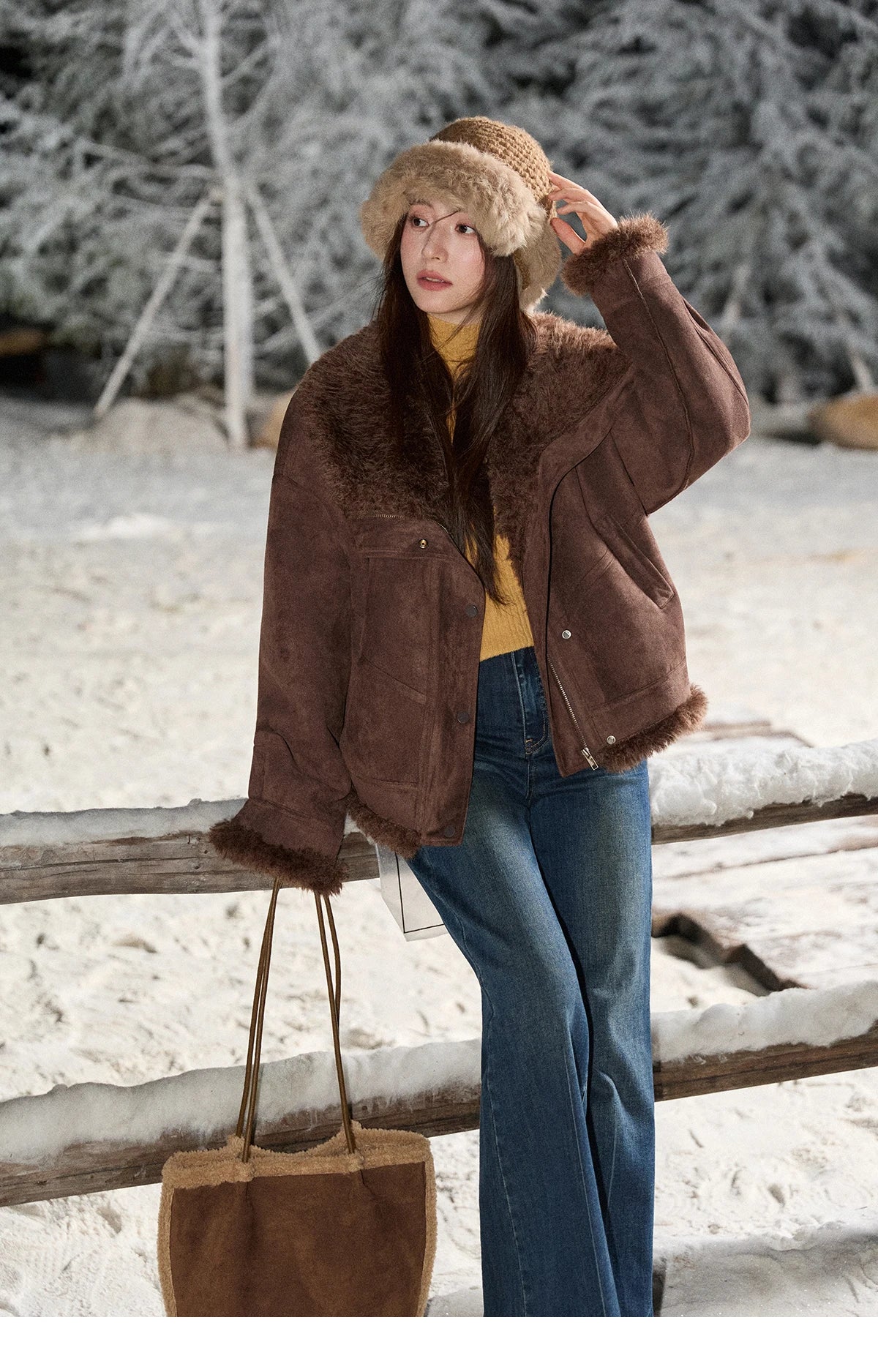 MISHOW Blue Plush Jacket Turn-Down Collar Zip-Up Loose MXE87W0917