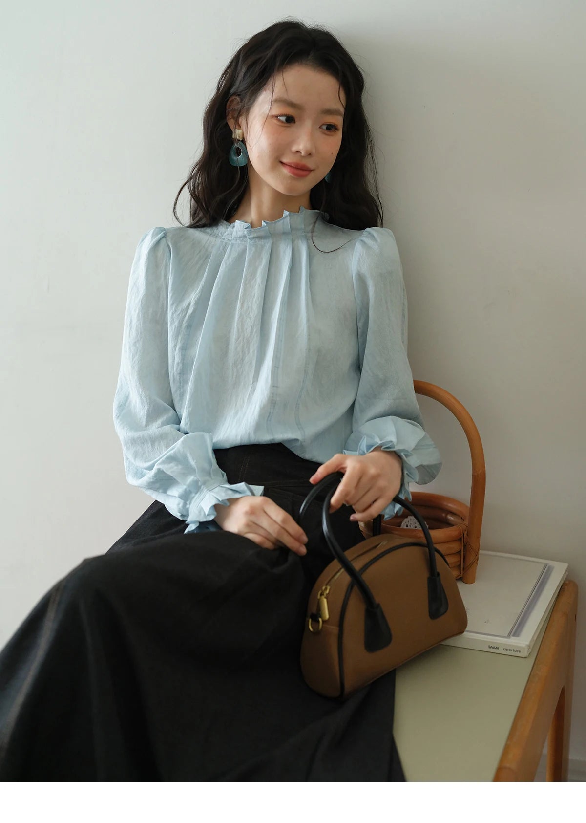 MISHOW Blue Jacquard Blouse Stand Collar Bubble Sleeves MXE41X1934