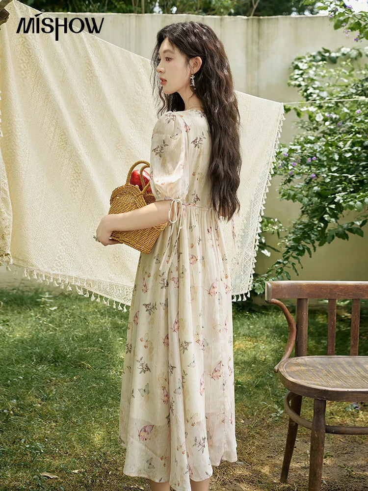 Mishow Butterfly Print V-Neck Lace-Up Bubble Sleeve Dress MXD15L1778