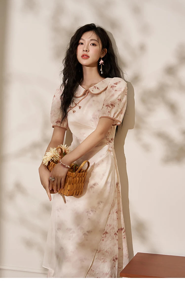 Mishow Chinese Doll Collar Pink Bamboo Print Dress MXD22L1829