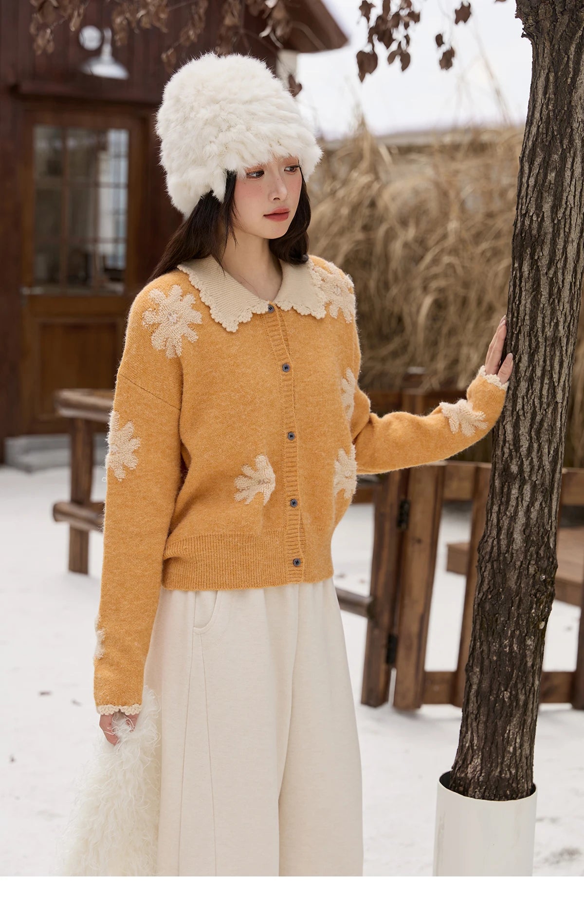 Mishow Yellow Retro Jacquard Turn-Down Collar Cardigan MXE88Z2691
