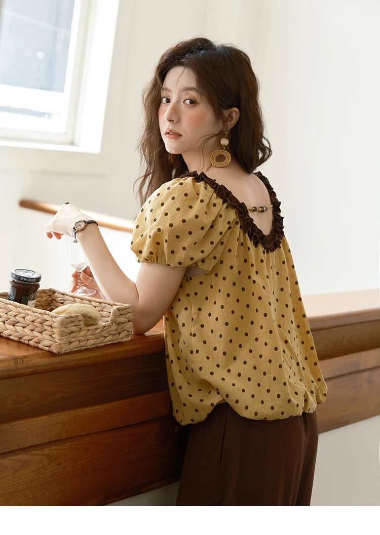 Mishow Polka Dot Puff Sleeve Top & Wide Leg Pants Set MXE39T0657