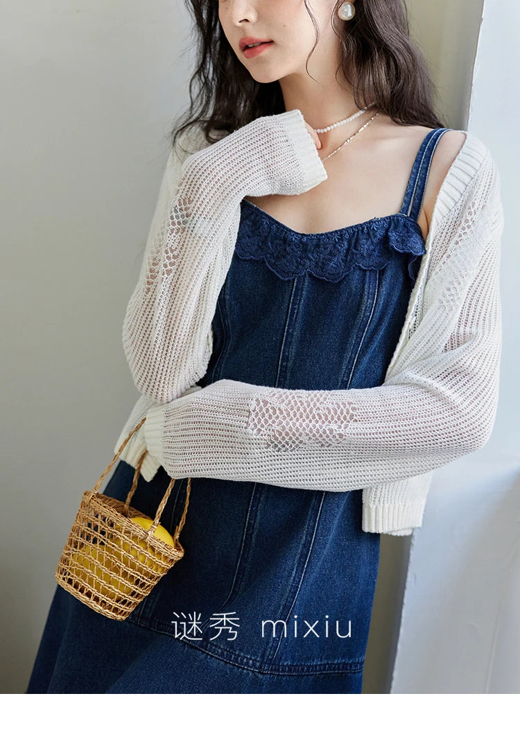 Mishow Denim Camisole Hollowed Out Lace Edge Dress MXE13L2094