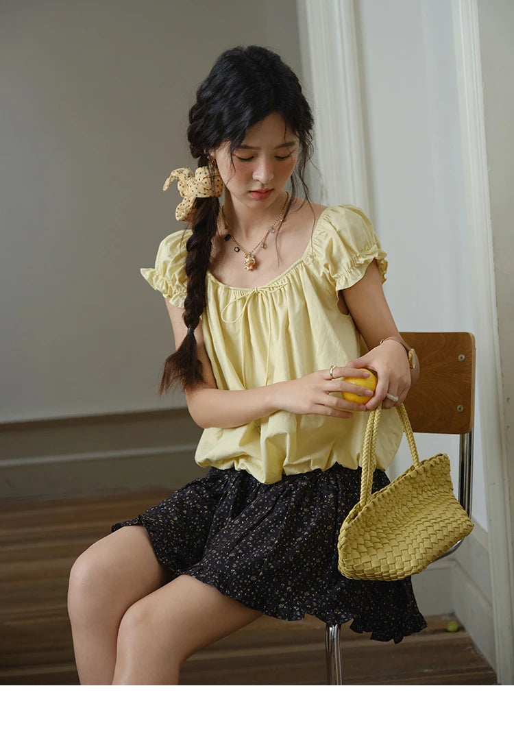 MISHOW Cotton Blouse Puff Sleeve Lace Up O-Neck MXE37X1893