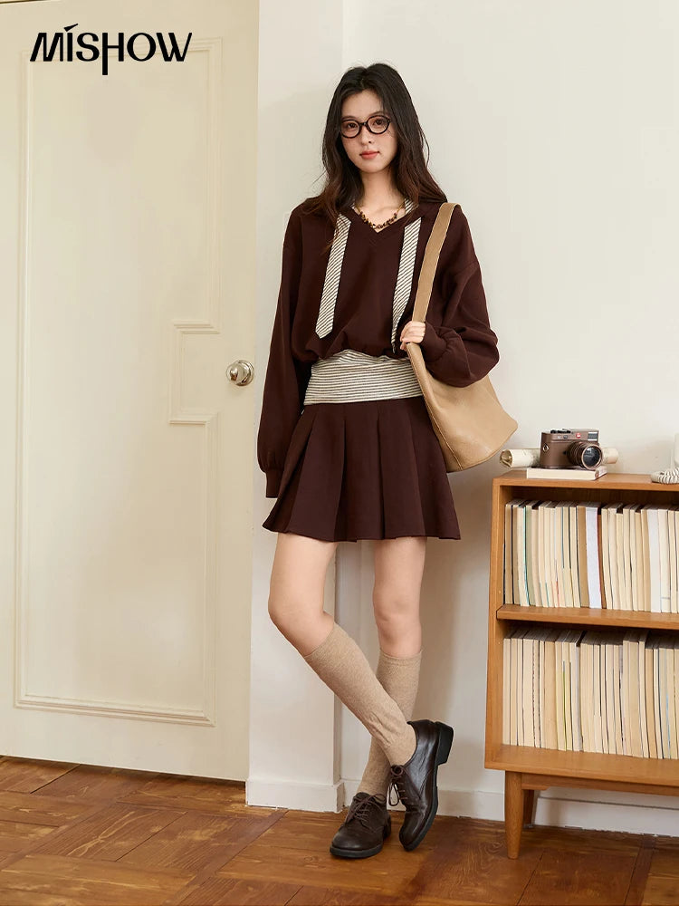 Mishow Retro Brown V-Neck Sweatshirt & Pleated Skirt Suit MXE47T1415