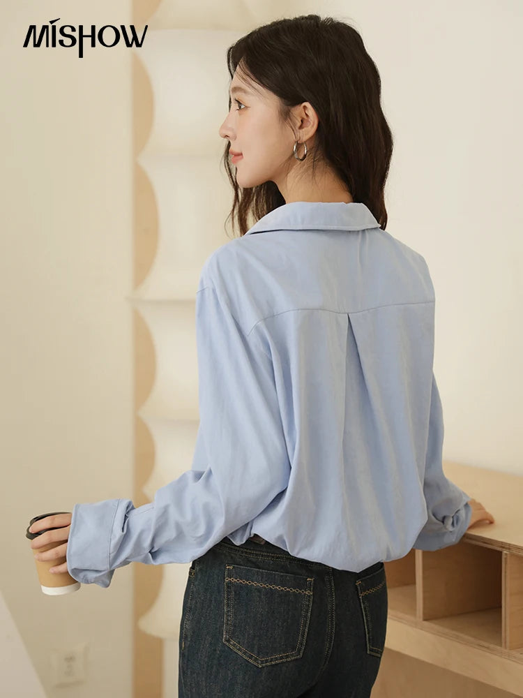 MISHOW Blue Peach Skin Velvet Shirt Lapel V-Neck Pleated Cuffs MXE44C2392