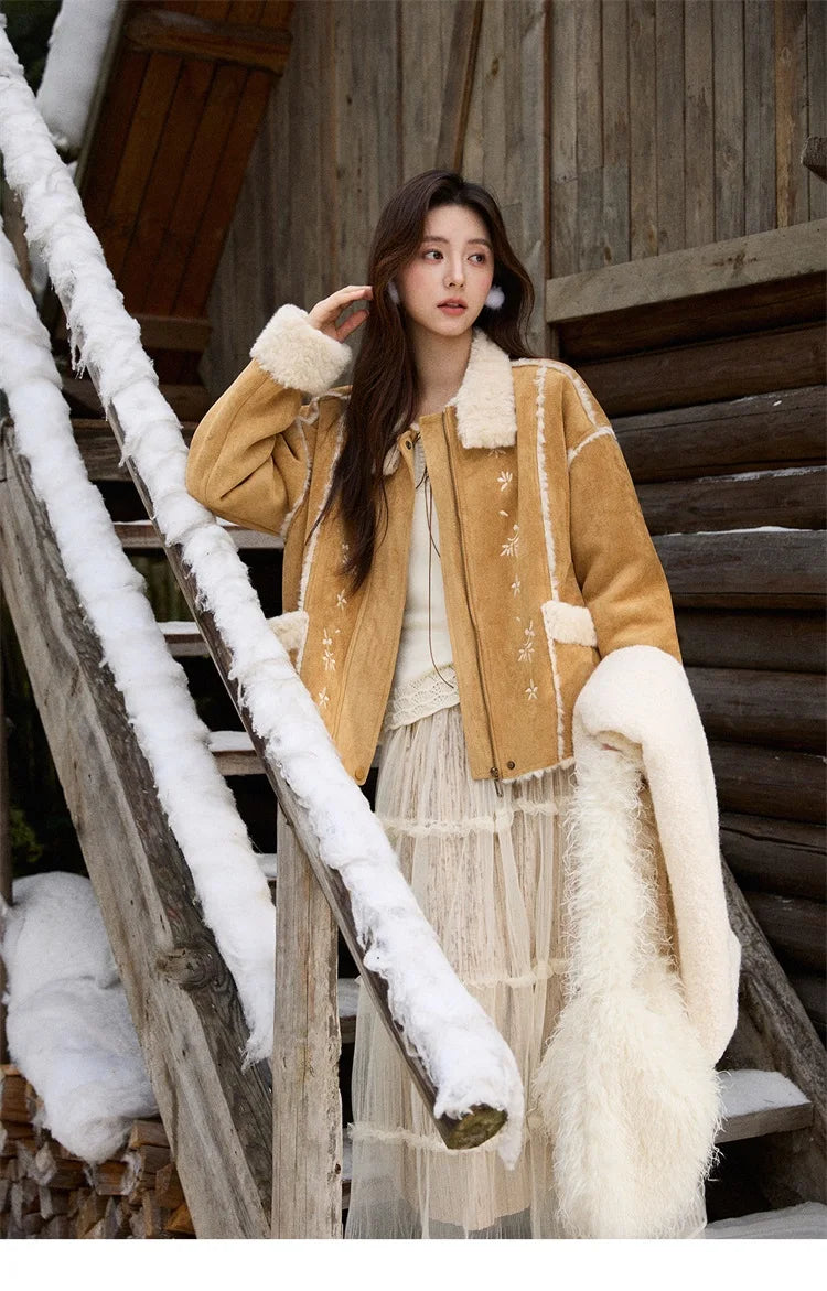 MISHOW Floral Embroidered Fur Jacket Plush Lapel Zipper MXE87W0918