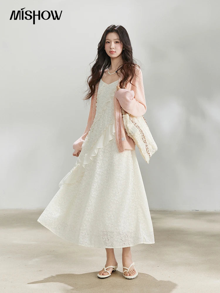 Mishow Cream Irregular Lace Ruffled Slip Dress MXF108L1005
