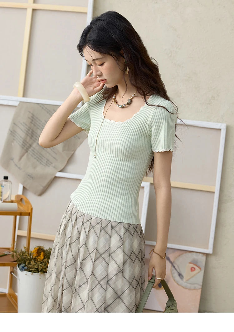 MISHOW Apricot Green Retro Plaid Skirt Pleated Chiffon High Waist A-Line MXE35B0747