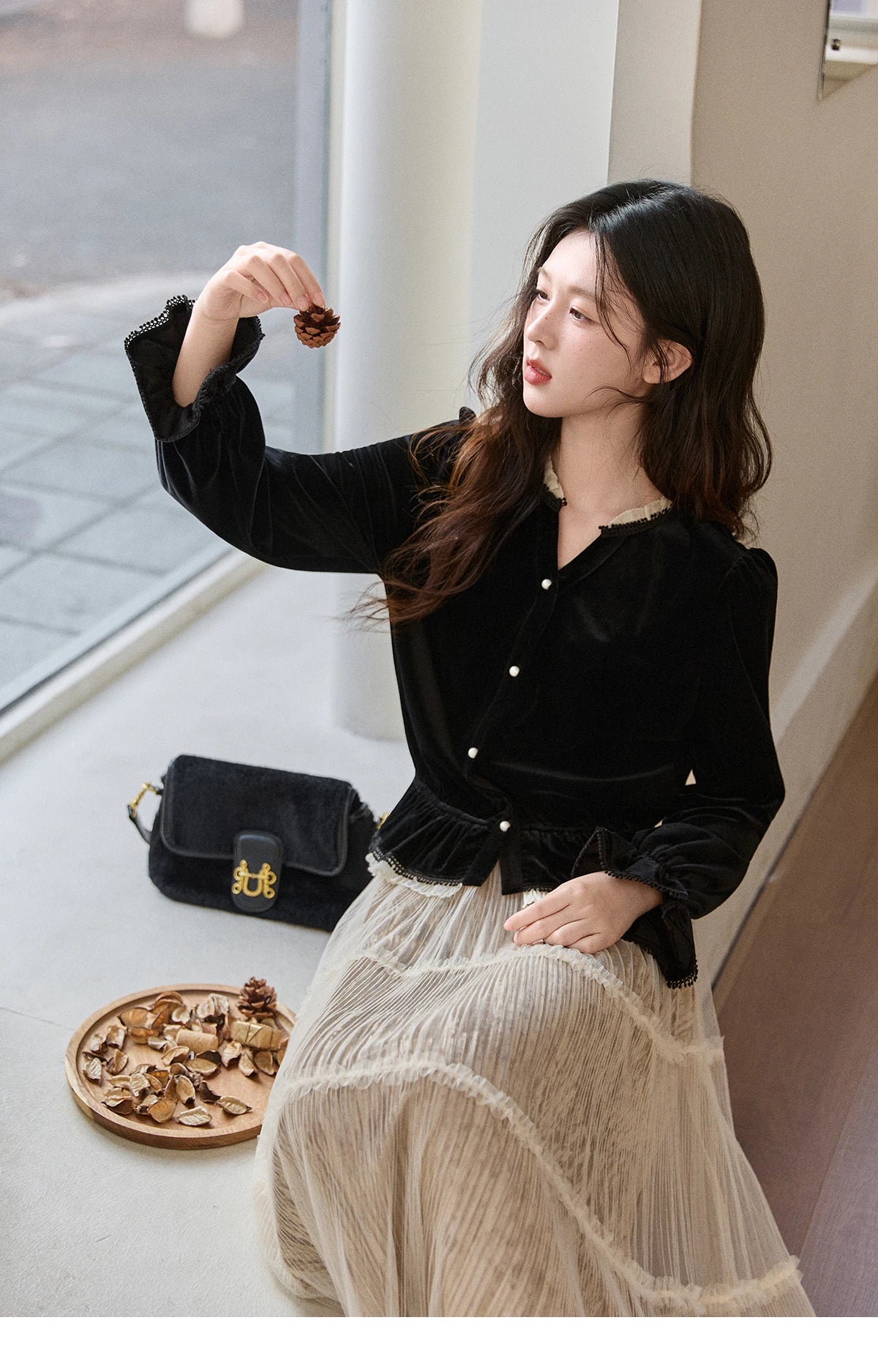 Mishow Black Velvet Lace Pearl Button Puff Sleeve Shirt MXE94X2516