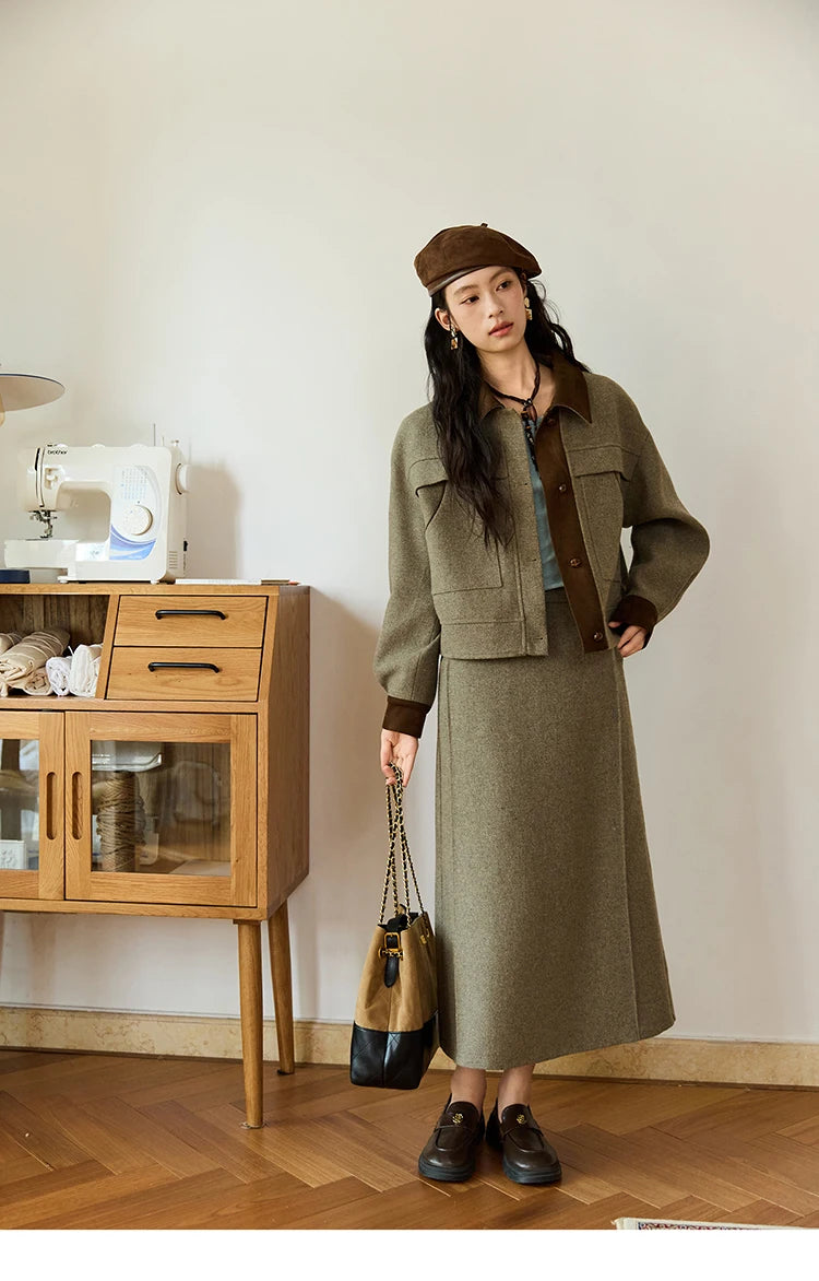 Mishow Contrast Suede Patchwork Wool Coat MXE46W0844