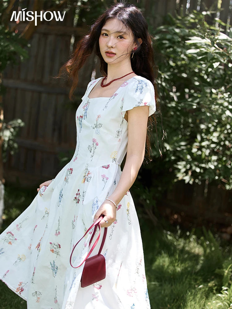 Mishow French Embroidery Square Neck Puff Sleeve Dress MXE39L2389