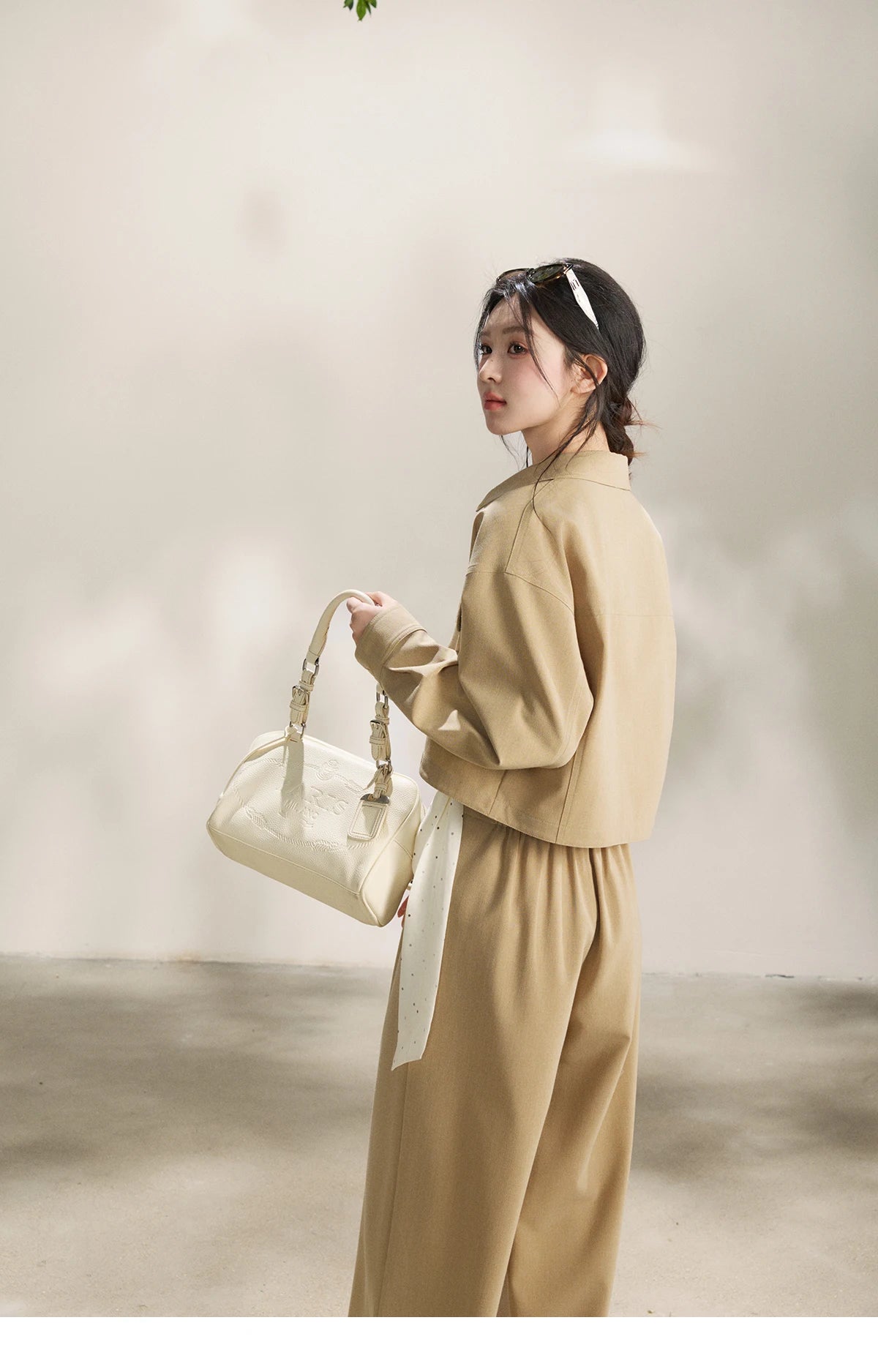 Mishow Khaki Cropped Jacket & Polka Dot Vest & Wide Leg Pants Three-Piece Set MXF13T1478