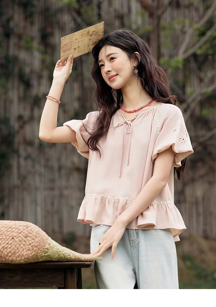 MISHOW Puff Sleeve Blouse Round Neck Hollow Embroidery MXE31X1747