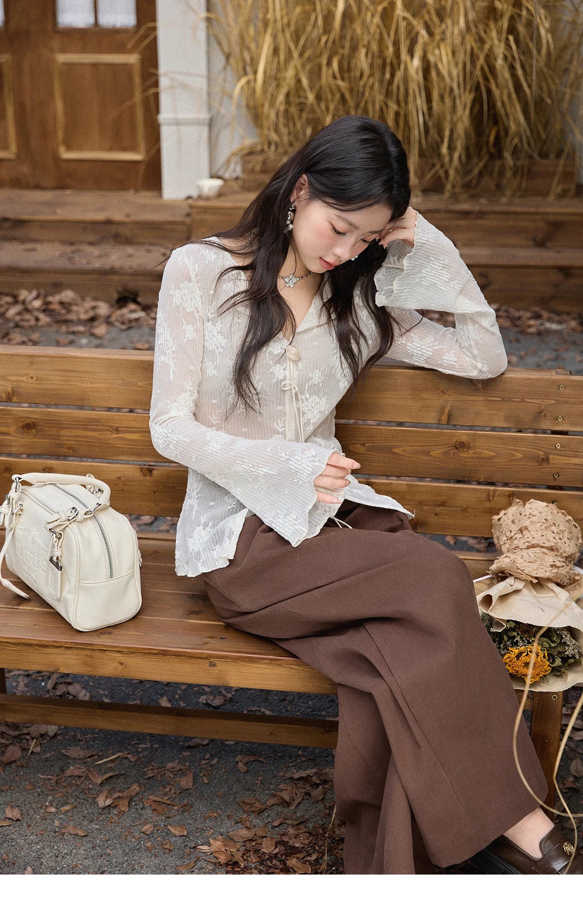 MISHOW White Lace Shirt Flared Sleeves V-Neck MXE49X2511