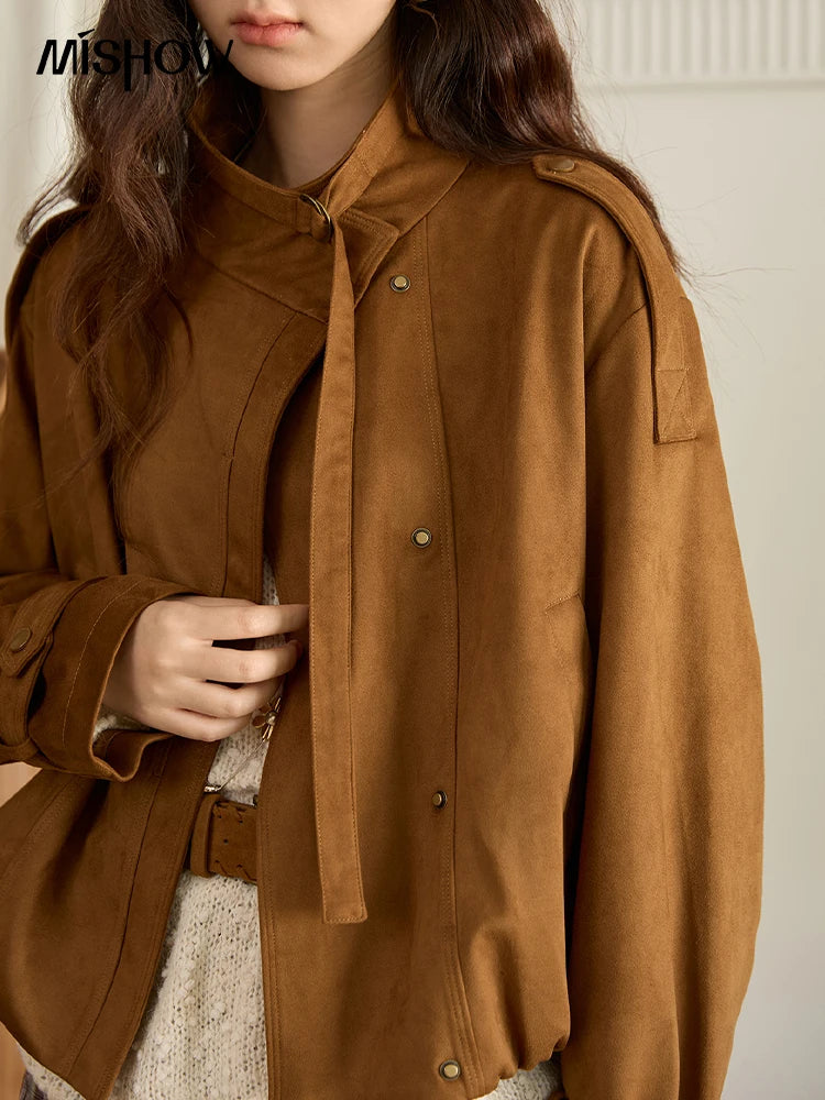 MISHOW Vintage Suede Short Jacket Brown Lapel Zipper MXE45W0869